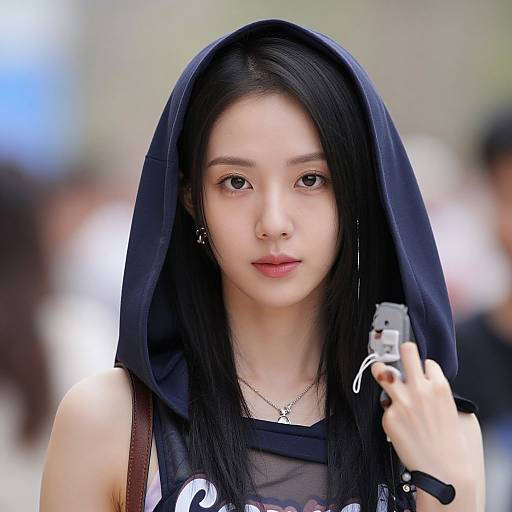 Photograph of an Asian woman with long black hair, wearing a navy hoodie, holding a smartphone, in a blurred urban background.