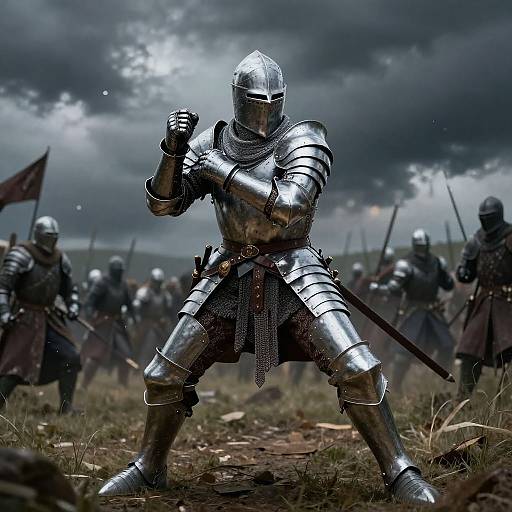 Photograph of a medieval knight in shiny silver armor, standing in a battle-ready pose on a grassy battlefield under a stormy sky, with other