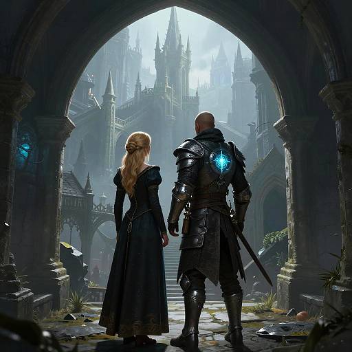 Digital fantasy artwork: A bald, armored man with glowing blue emblem stands beside a blonde woman in a long black dress, facing a grand, foggy