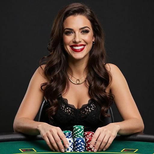 Photograph of a smiling woman with long dark hair, wearing a black lace dress, sitting at a poker table with colorful chips. Black background.