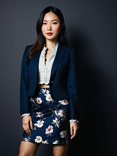 Asian Woman in Tailored Cropped Blazer and Floral Skirt