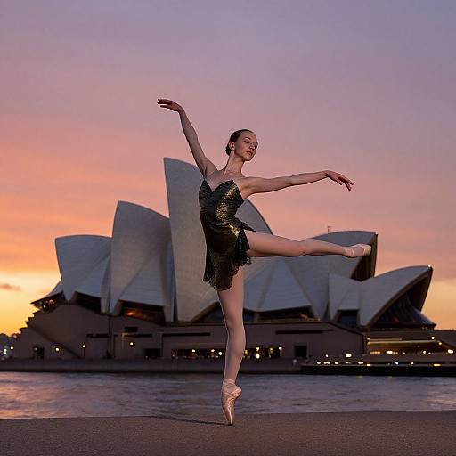 Photograph of a female ballet dancer in a black sequined dress, en pointe, with arms gracefully extended, in front of Sydney Opera House at