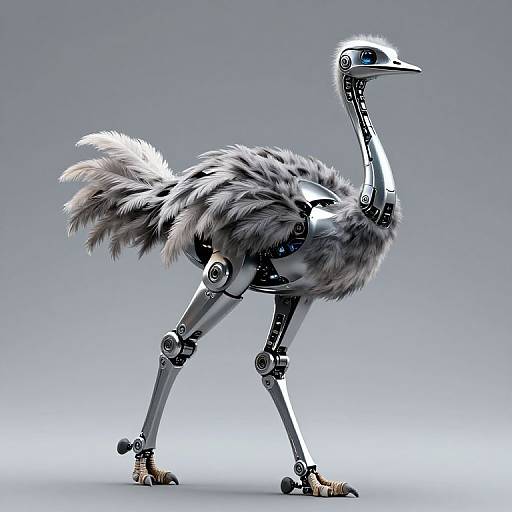 Digital artwork of a robotic, metallic ostrich with silver joints, blue eyes, and a fluffy gray and white feathered body, standing on a gradient