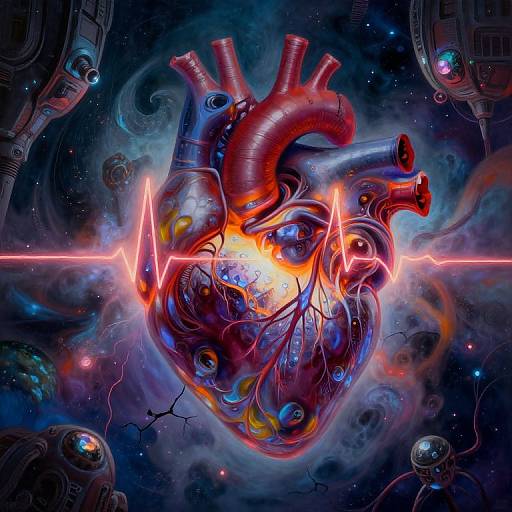 Digital art: Vibrant, futuristic heart with metallic textures, glowing red arteries, and a neon ECG line against a cosmic, starry background with