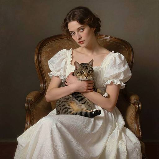 Photograph of a pale-skinned, dark-haired woman in a white, puffed-sleeve dress, holding a tabby cat on an orn