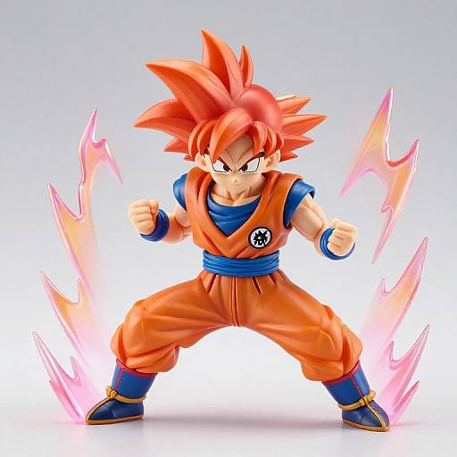 Digital illustration of Super Saiyan Son Goku from Dragon Ball, with spiky red hair, orange gi, blue belt, and glowing pink energy aura,