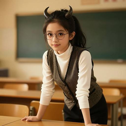 Photograph of an Asian girl with black horn headband, glasses, white turtleneck, and black textured vest, leaning on classroom desk.