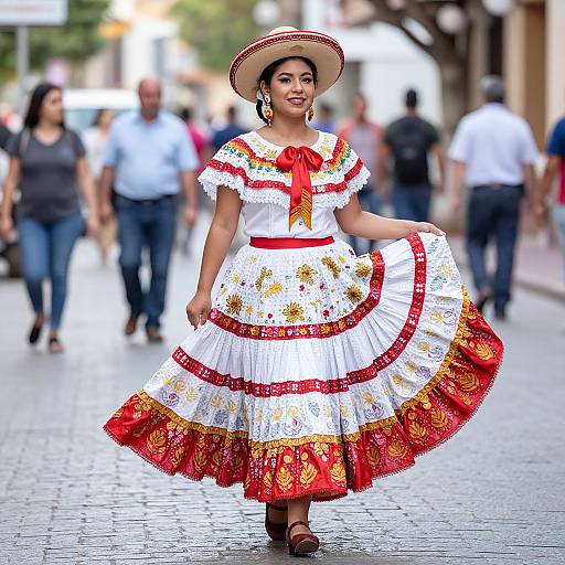 Photograph of a Latina woman in a vibrant Mexican folk dress, white with red and gold embroidery, dancing on a cobblestone street, wearing a