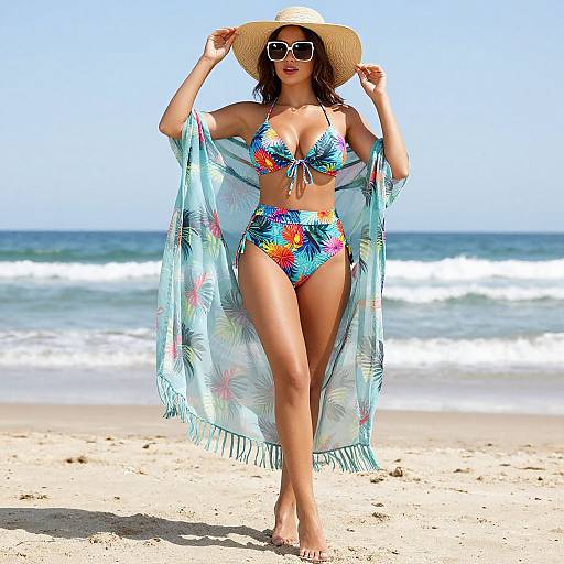 Photograph of a woman with tan skin, wearing a colorful floral bikini, beige sunhat, white sunglasses, and light blue wrap, standing on a