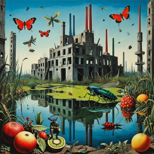 Surreal Wetland with Industrial Ruins and Hybrid Creatures