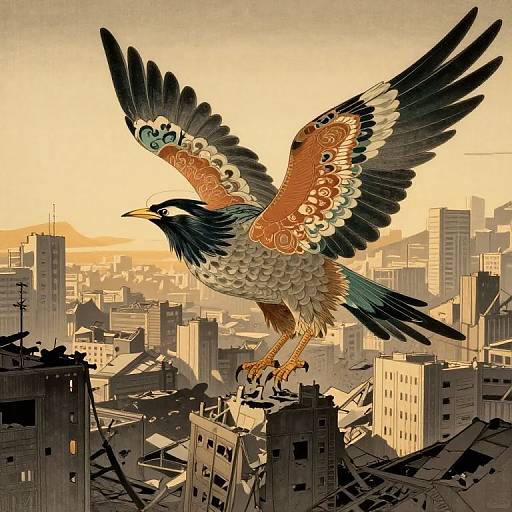 Mythical Bird Rising Over Ruined City