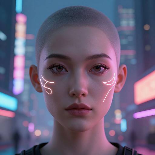 CGI portrait of a bald, androgynous person with glowing white facial markings, standing in a neon-lit, futuristic cityscape.