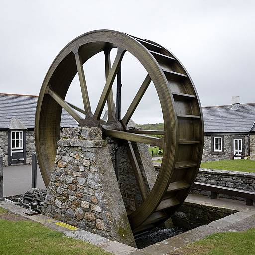 Photograph of a large, rustic wooden waterwheel mounted on a stone base, set in a grassy courtyard with stone cottages in the background.