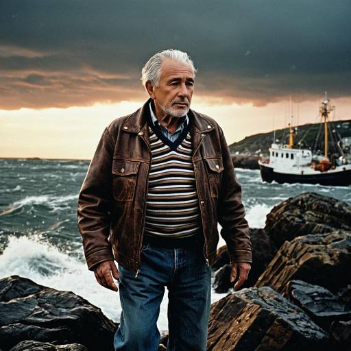 Elderly Fisherman at Stormy Rocky Harbor