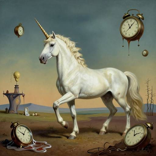 Digital artwork: A white unicorn with a golden horn walks on a grassy plain under a sunset sky, surrounded by floating, dripping clocks.