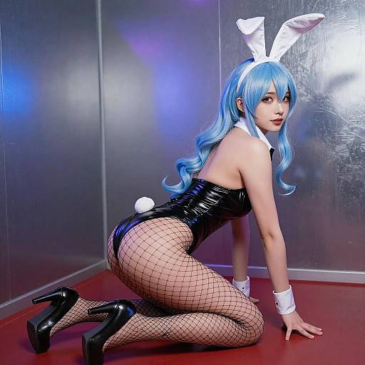 Woman in Bunny Costume on Metallic Surface