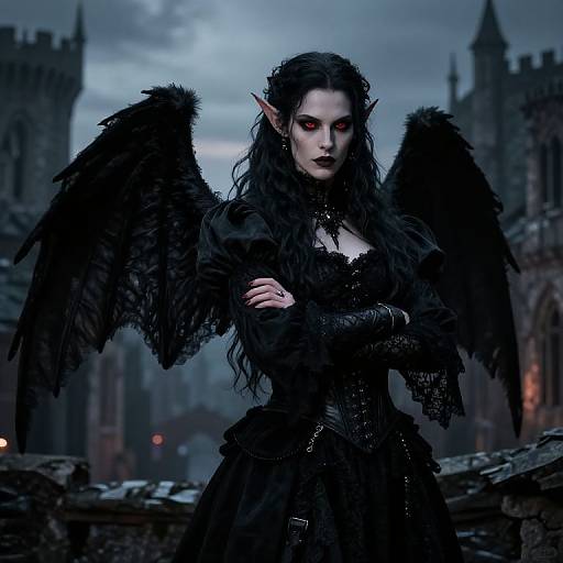 Digital illustration of a dark, gothic vampire woman with black wings, long hair, red eyes, and a black lace dress, standing confidently in a