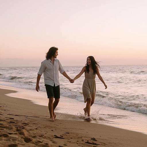 Photograph of a couple holding hands, walking along a sandy beach at sunset, wearing casual summer clothes, with gentle waves behind them.