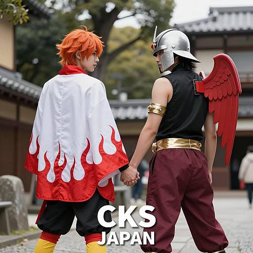 Dynamic Cosplay Duo Against Japanese Backdrop