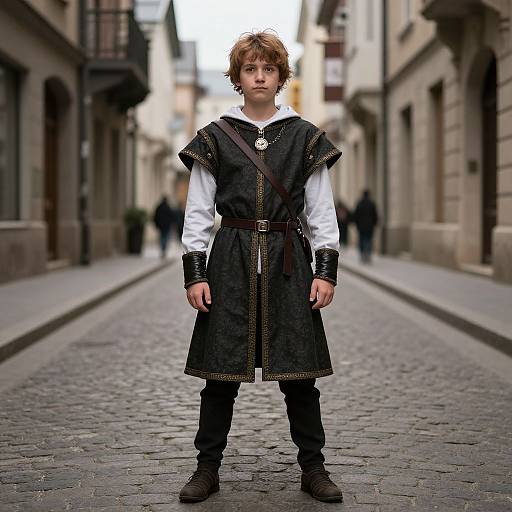 Photograph of a young boy with tousled brown hair, wearing a black medieval-style tunic over a white shirt, standing on a cobblestone