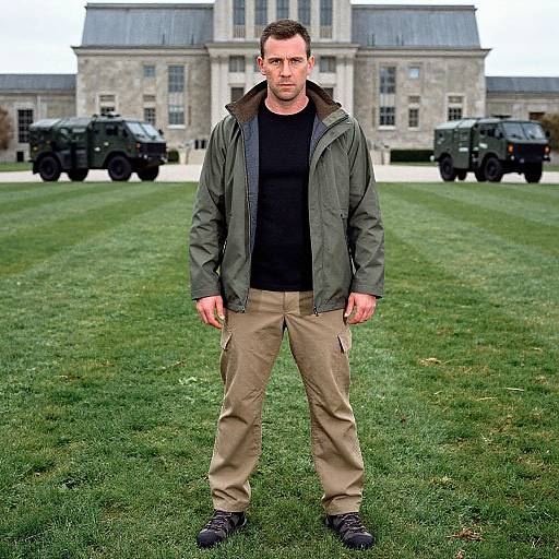 Photograph of a muscular man with short brown hair, wearing a green jacket, black shirt, beige pants, and black shoes, standing on a grass
