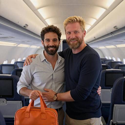 Two Men Embrace in Airplane Cabin