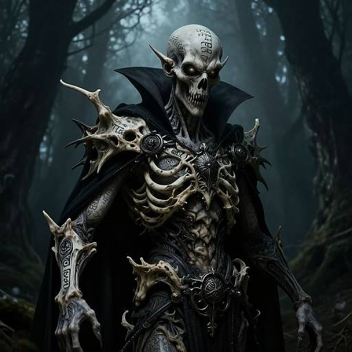 Digital art of a skeletal, dark elf warrior with intricate bone armor, sharp spikes, and a hooded cloak in a misty forest.