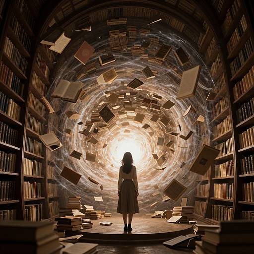 Digital art: Silhouetted girl in a dress stands at the center of a swirling vortex of flying books in a dimly lit, library-filled