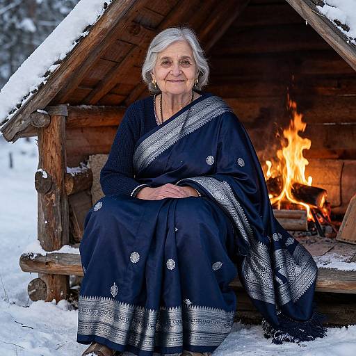 Photograph of an elderly woman with white hair, wearing a black embroidered shawl, sitting by a wooden hut fireplace in snowy landscape.
