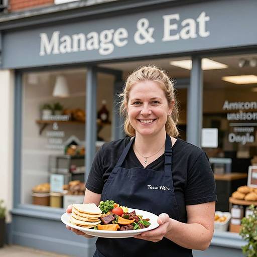 Photograph of a smiling blonde woman in a black apron and shirt, holding a plate of colorful food outside a 