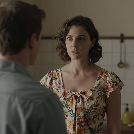 Serious Woman in Floral Dress Facing Man Indoors