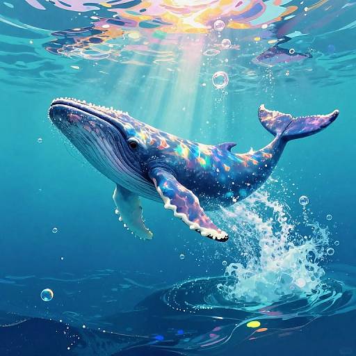 Digital art of a vibrant, colorful humpback whale swimming underwater, creating a splash, with sunlight beams and bubbles surrounding it.