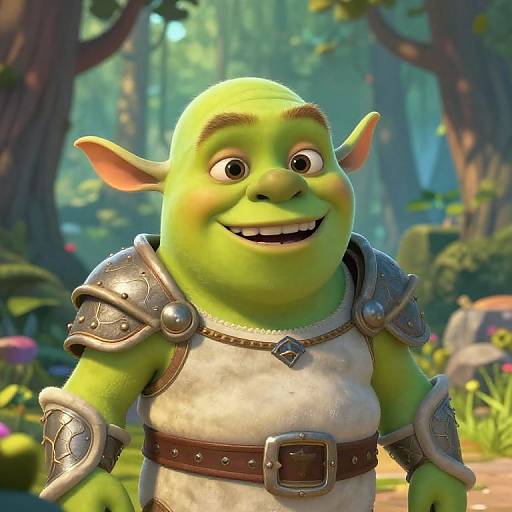 CGI image of a green, smiling goblin with large ears, wearing silver armor and a white tunic, in a vibrant forest.