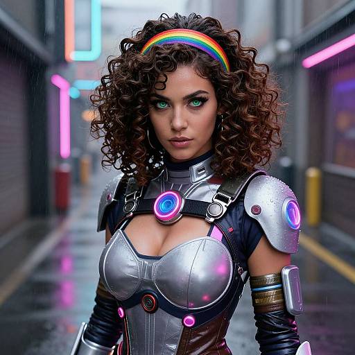 Photorealistic digital artwork of a curvy woman with curly brown hair, neon rainbow headband, glowing armor, and vivid neon-lit urban alley