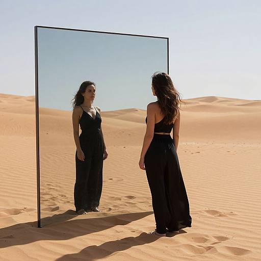 Photograph of a woman with long dark hair in a black sleeveless dress standing in a desert, facing a tall, rectangular mirror, reflecting her image