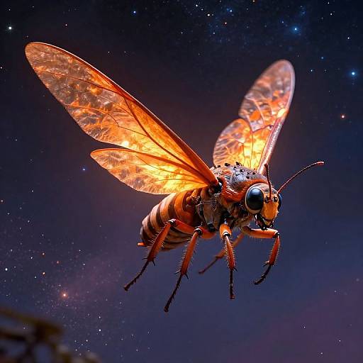 Photograph of a glowing orange fly with translucent wings against a starry night sky, creating a magical, ethereal effect.