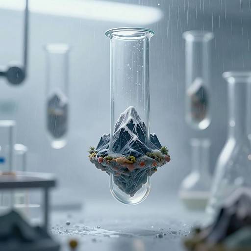 Photograph of a clear glass cylinder with a mountain and flower arrangement at its base, floating in a rain-filled lab.