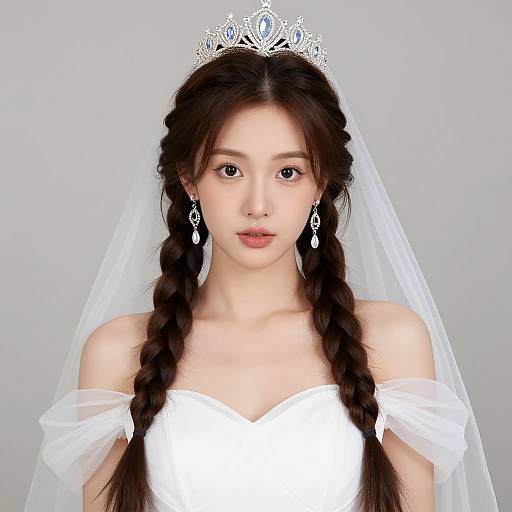 Photograph of an East Asian woman with long black braids, wearing a silver tiara, white off-shoulder dress, and veil, with