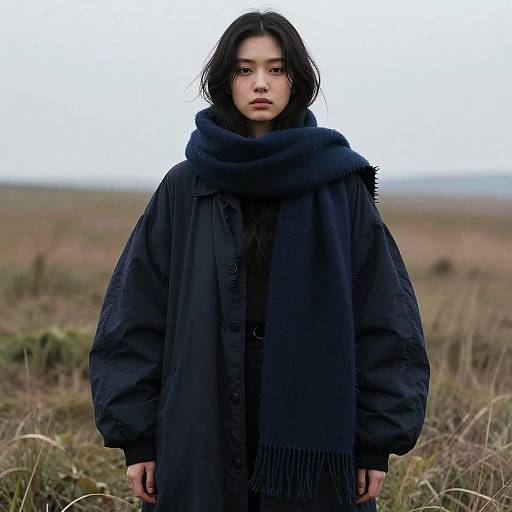 Serene Woman in Field Wearing Navy Scarf