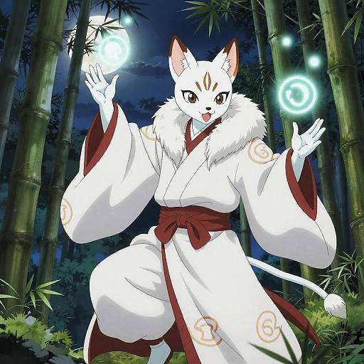 Clever Kitsune Mage in Moonlit Bamboo
