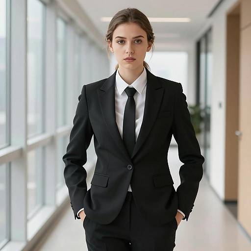 Confident Young Businesswoman in Black Suit