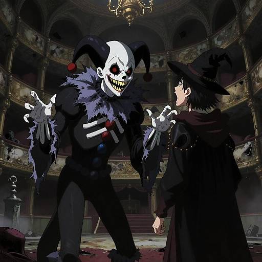 Demonic Jester and Terrified Magician in Decaying Theater