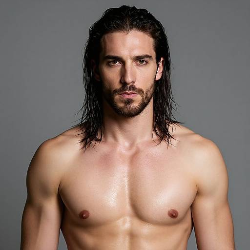 Photograph of a muscular, shirtless, Caucasian man with long, wet black hair, light skin, and a trimmed beard, standing against a gray
