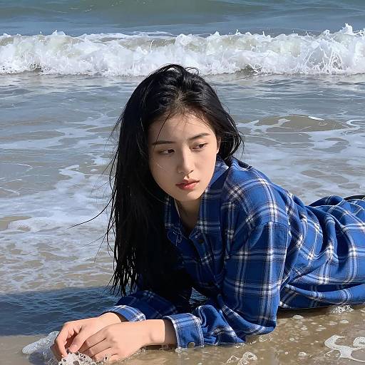 Contemplative Woman on Ocean Waves