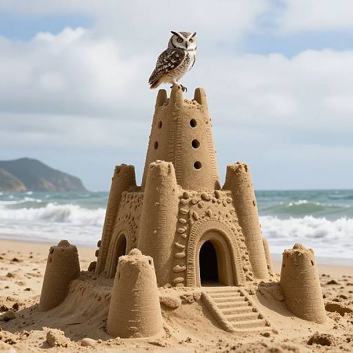 Owl on Sandcastle by Sea