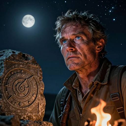 Photograph of a rugged, middle-aged man with blue eyes, disheveled hair, and a determined expression, holding an ancient, moonlit artifact