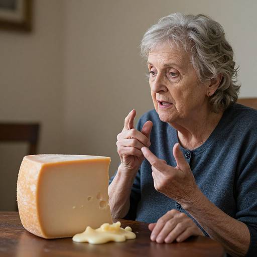 Photograph of an elderly woman with gray hair, wearing a blue sweater, enthusiastically gesturing while pointing at a large cheese block on a wooden table.