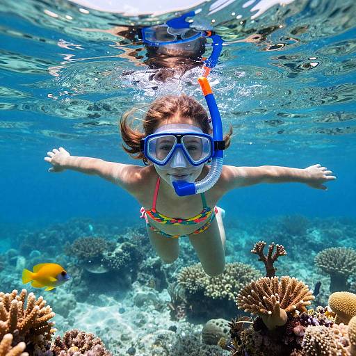 Young Girl Snorkeling Over Coral Reef
