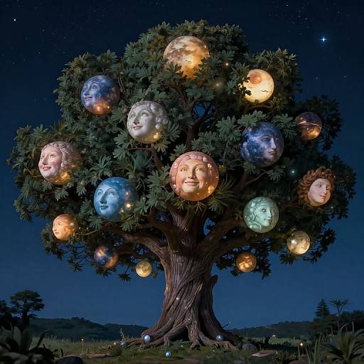 Photograph of a moonlit night scene featuring a magical tree with glowing, face-shaped orbs of various emotions, set against a starry sky.