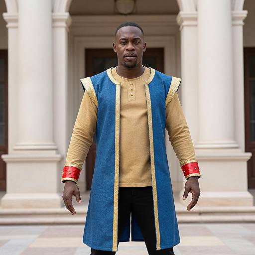 Photograph of a Black man in a blue and gold medieval-style tunic with red cuffs, standing in a grand, colonnaded hall.